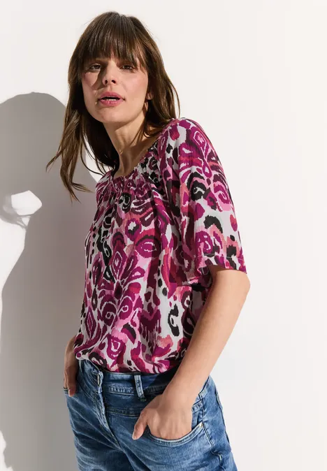 Print Carmen Bluse bloomy pink