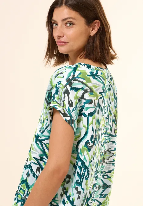 Gemusterte Leinenmix Bluse green lagoon