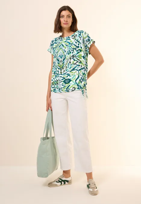 Gemusterte Leinenmix Bluse green lagoon
