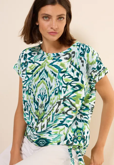 Gemusterte Leinenmix Bluse green lagoon