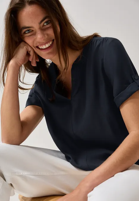 Split Neck Viskose-Bluse universal blue