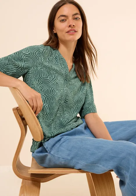Gemusterte Split Neck Bluse dark balmy khaki