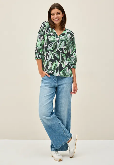 Gemusterte Baumwollbluse ink green