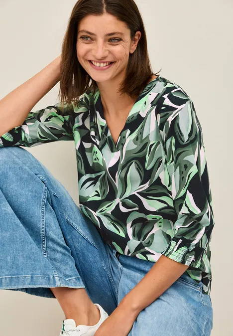 Gemusterte Baumwollbluse ink green