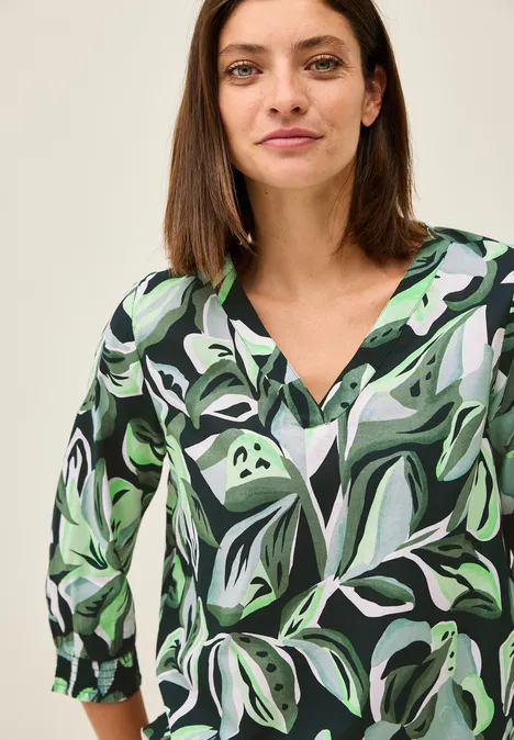 Gemusterte Baumwollbluse ink green
