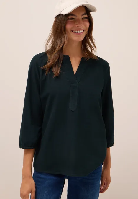Corduroy blouse met gespleten hals ink green