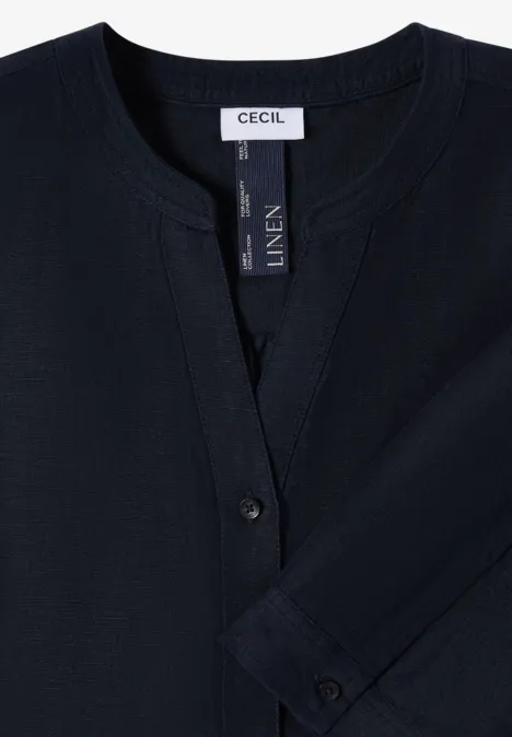 Dunkelblaue Leinenbluse mit Knopfverschluss und Rundhalsausschnitt