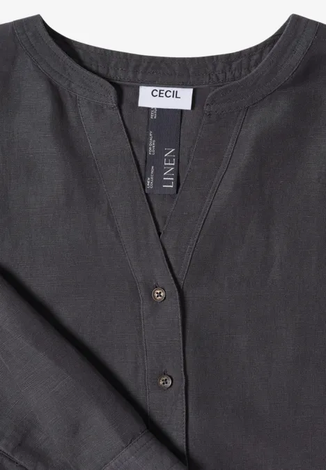 Graues Leinen-Top mit Knopfleiste, V-Ausschnitt und CECIL-Label.