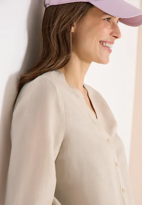 Bluzka koszulowa z lnianym rękawem 3/4 macadamia beige