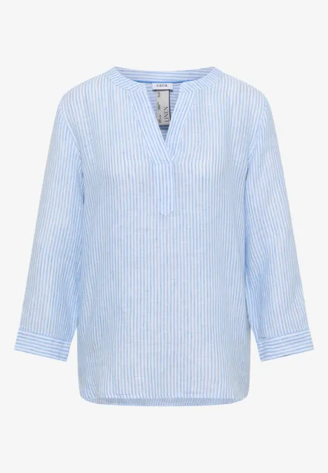 Blouse à manches 3/4 avec col fendu en lin blouse blue Blouse à manches 3/4 avec col fendu en lin blouse blue