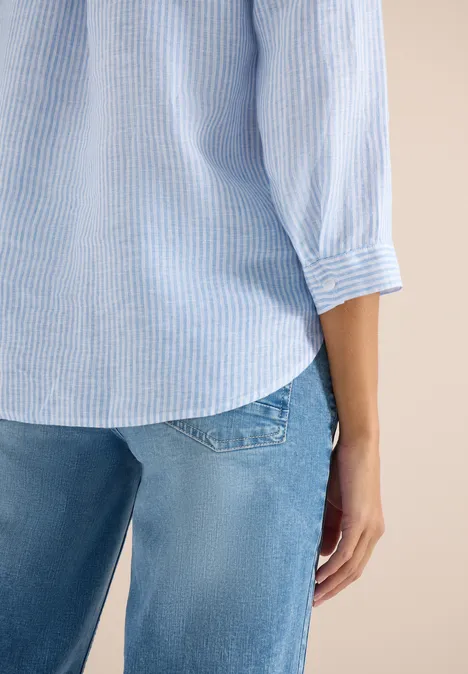 Blouse à manches 3/4 avec col fendu en lin blouse blue Blouse à manches 3/4 avec col fendu en lin blouse blue