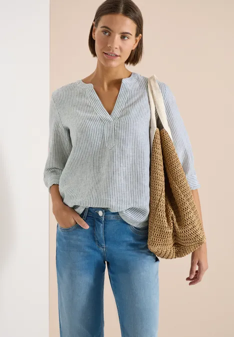 Blouse met 3/4 mouwen en gespleten hals in linnen just khaki