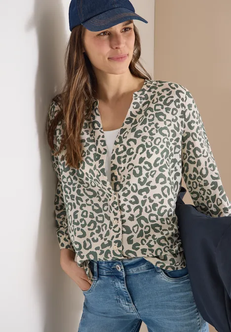 Blouse à motif léopard en lin mélangé macadamia beige