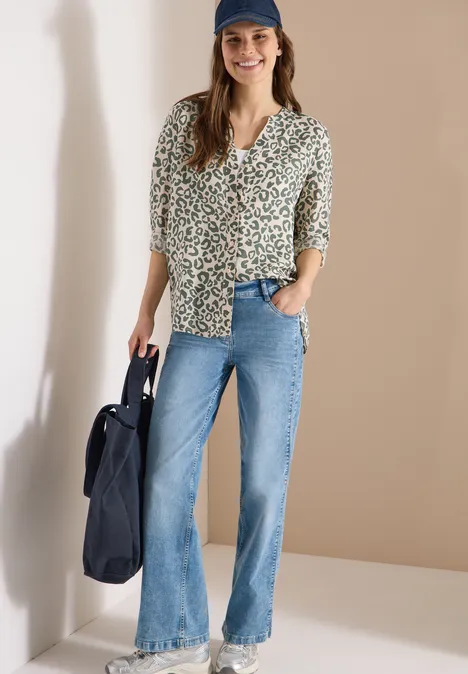 Blouse à motif léopard en lin mélangé macadamia beige