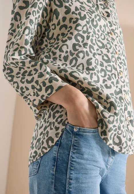 Blouse à motif léopard en lin mélangé macadamia beige