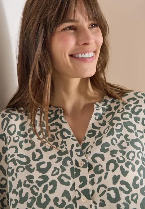 Blouse à motif léopard en lin mélangé macadamia beige