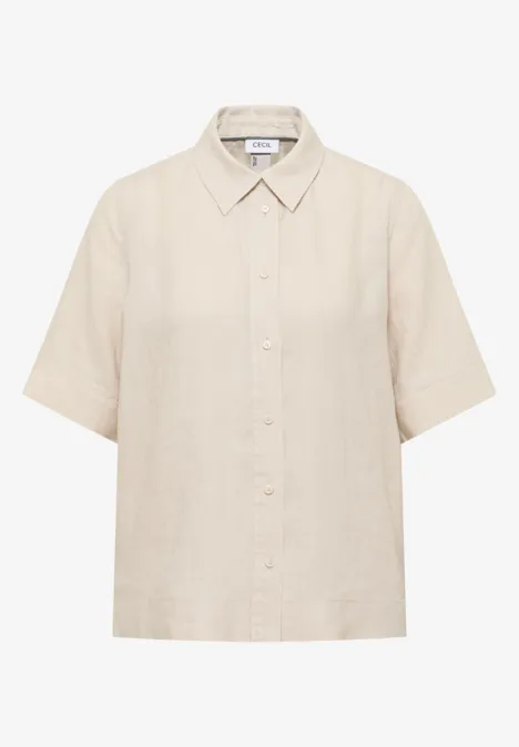 Kurzarm Hemdbluse aus reinem Leinen macadamia beige