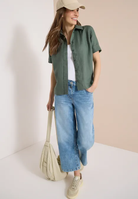 Kurzarm Hemdbluse aus reinem Leinen just khaki