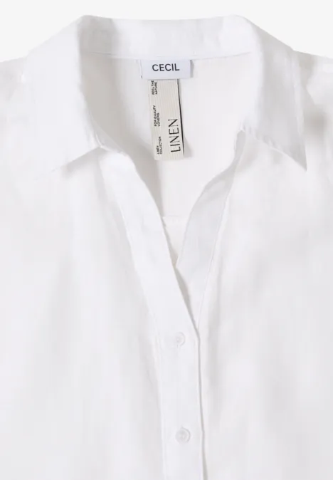 Weiße Leinenbluse mit Hemdkragen und Knopfleiste, Markenlabel 'Cecil' innen.