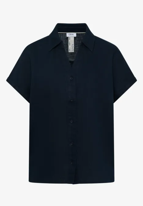 Dunkelblaue Kurzarm-Bluse mit Knopfleiste und Hemdkragen.