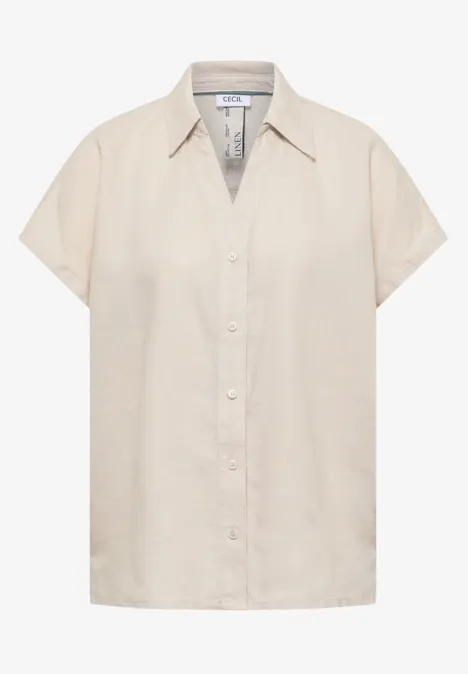 Beige kurzärmlige Bluse mit Hemdkragen und Knopfleiste.