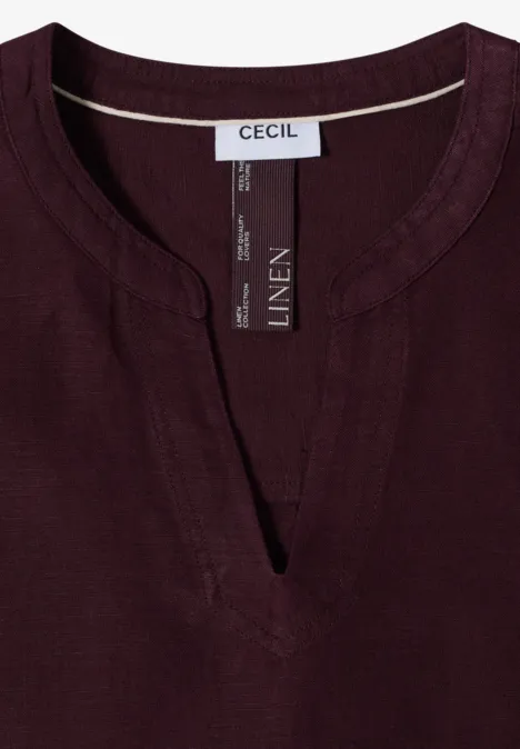 Dunkelrotes Leinen-Tunika-Oberteil mit V-Ausschnitt und Markenlabel 'Cecil'.
