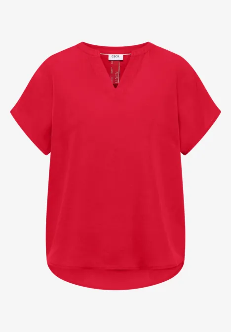 Rotes, kurzärmeliges Damen-T-Shirt mit V-Ausschnitt und abgerundetem Saum.