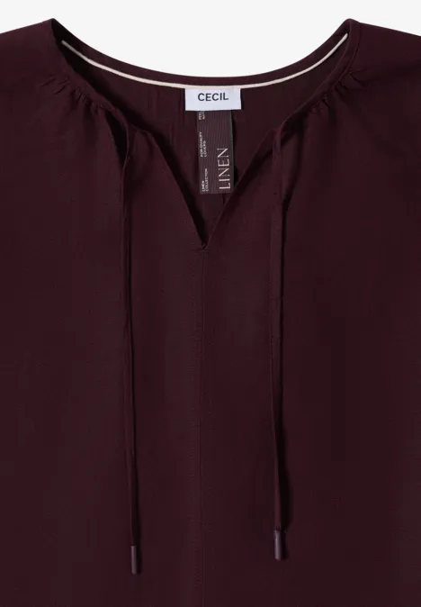 Dunkelrotes Leinen-Oberteil mit V-Ausschnitt und Tunnelzugkordeln