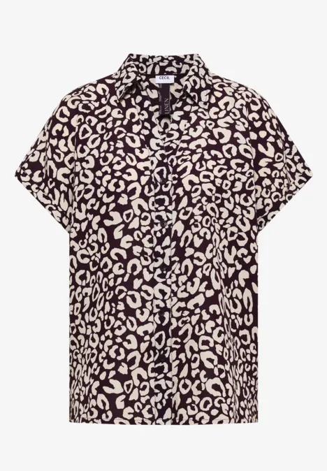 Kurzärmlige, schwarze Bluse mit beigem Leopardenmuster und Schleifenkragen