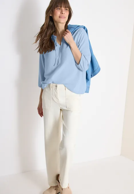 3/4-mouwen blouse met gespleten hals light sky blue 3/4-mouwen blouse met gespleten hals light sky blue