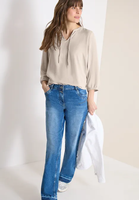 3/4-Arm Bluse mit Split Neck grain beige