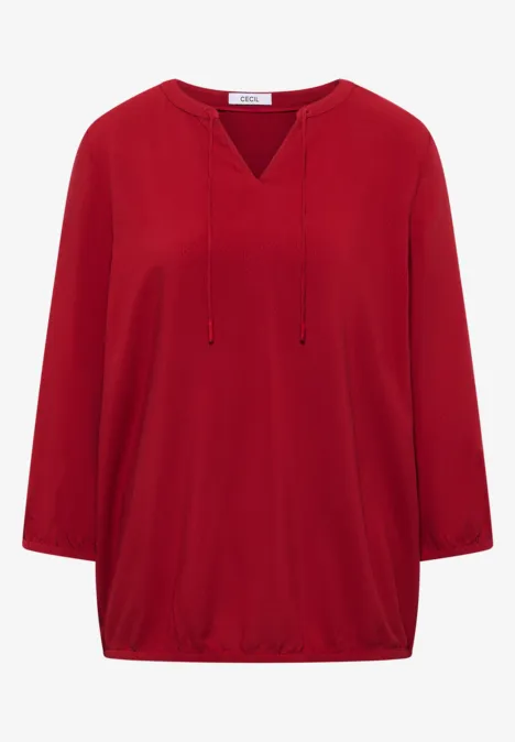 Rotes, leger geschnittenes Damenoberteil mit 3/4-Ärmeln, V-Ausschnitt und Kordelzug.