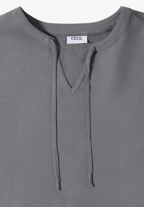 Graues Damen-Shirt mit V-Schlitz und Kordelzug am Rundhals, mit Markenlabel 'CECIL'.