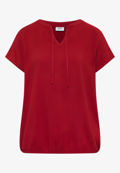 Rotes Damenshirt mit kurzen Ärmeln, lockerem Schnitt und V-Ausschnitt mit Kordelzug.