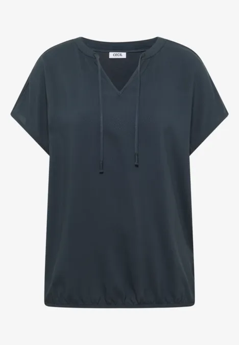 Dunkelbluse mit V-Ausschnitt, kurzen Ärmeln, Tunnelzug und elastischem Saum.