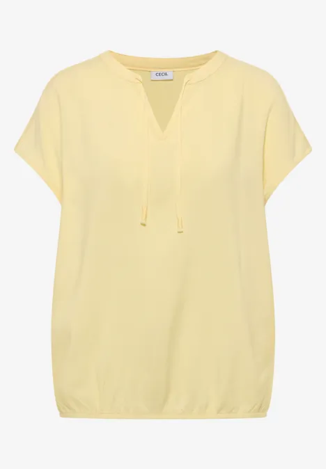 Lichtgele dames top met korte mouwen, V-hals met koordjes en elastische zoom
