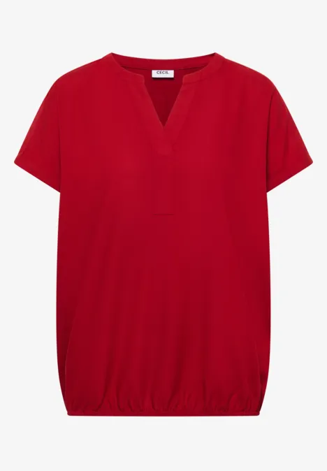 Rote, kurzärmlige Bluse mit V-Ausschnitt und elastischem Saum.