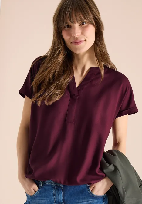 Kurzarm Bluse mit Split Neck sweet grape red