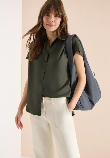 Blouse basique à col chemise en couleur unie khaki