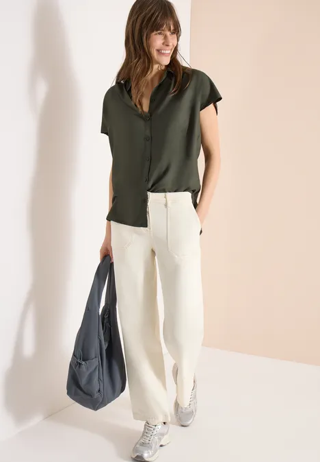Blouse basique à col chemise en couleur unie khaki