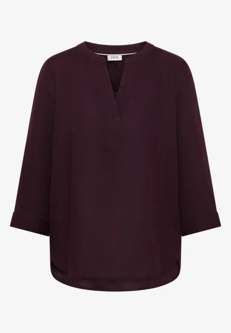 Dunkelviolette, lockere Bluse mit V-Ausschnitt und 3/4-Ärmeln.