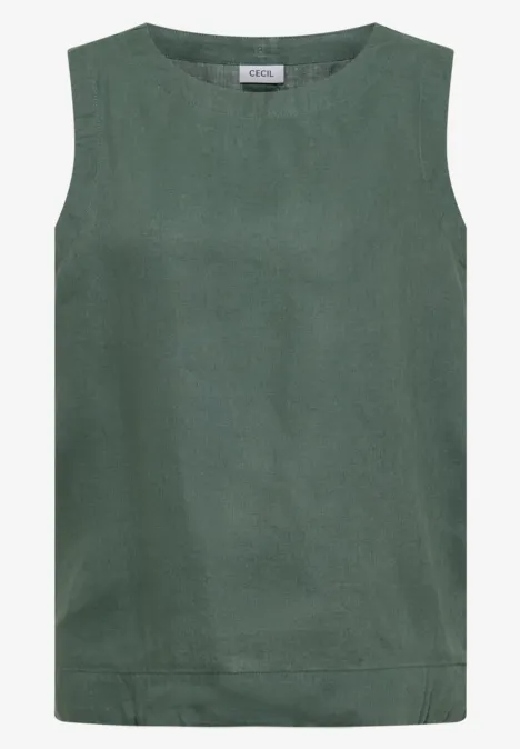 Ärmelloses Top in dunklem Grün aus leichtem Stoff, gerade geschnitten.