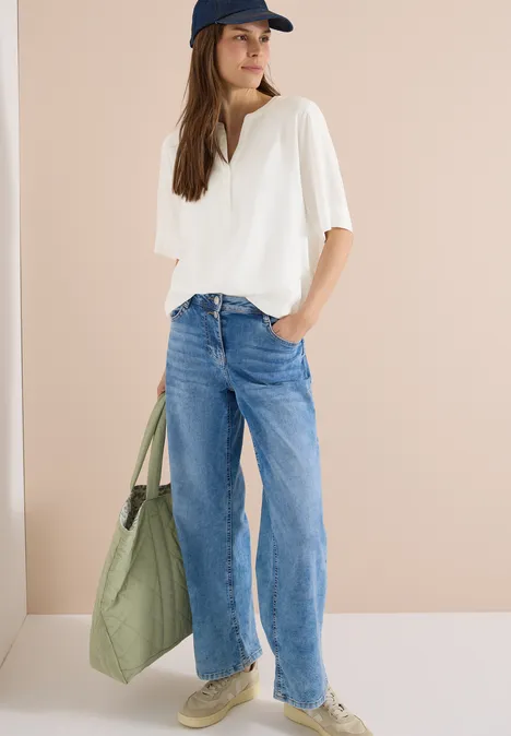 Kurzarm Bluse mit Split Neck vanilla white