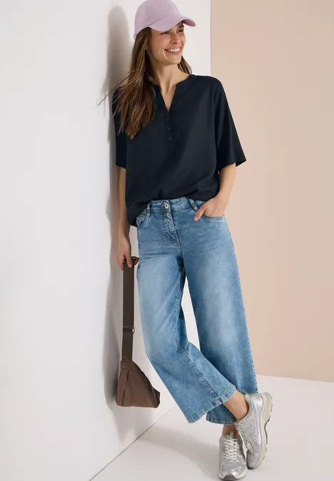 Kurzarm Bluse mit Split Neck universal blue