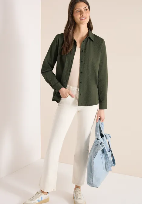 Blouse met lange mouwen, structuur en knopen khaki