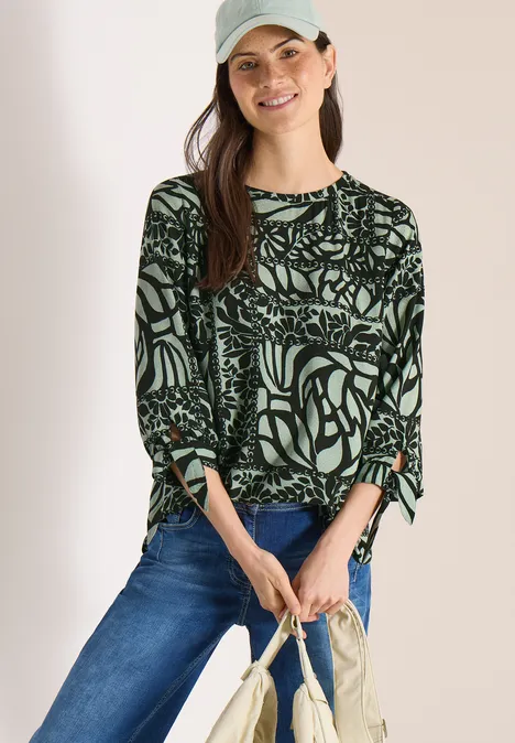 3/4-mouwen blouse met patchworkprint raw khaki