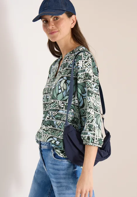 3/4-mouwen blouse met patchworkprint raw khaki