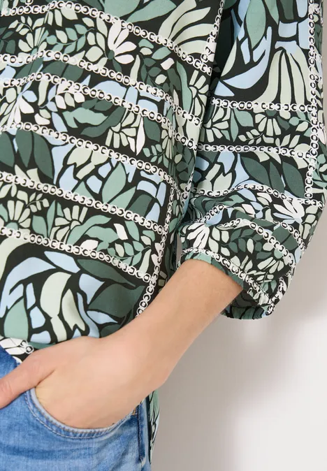 3/4-mouwen blouse met patchworkprint raw khaki