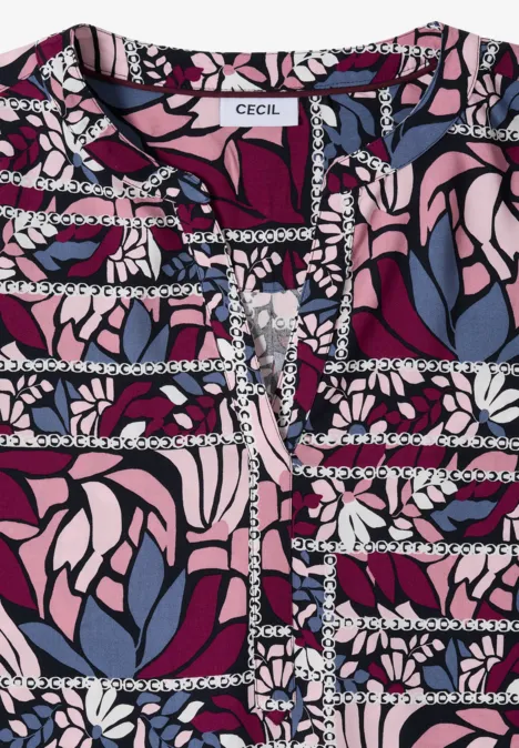 3/4-mouwen blouse met patchworkprint deep plum