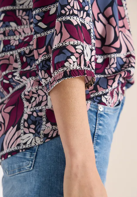 3/4-mouwen blouse met patchworkprint deep plum